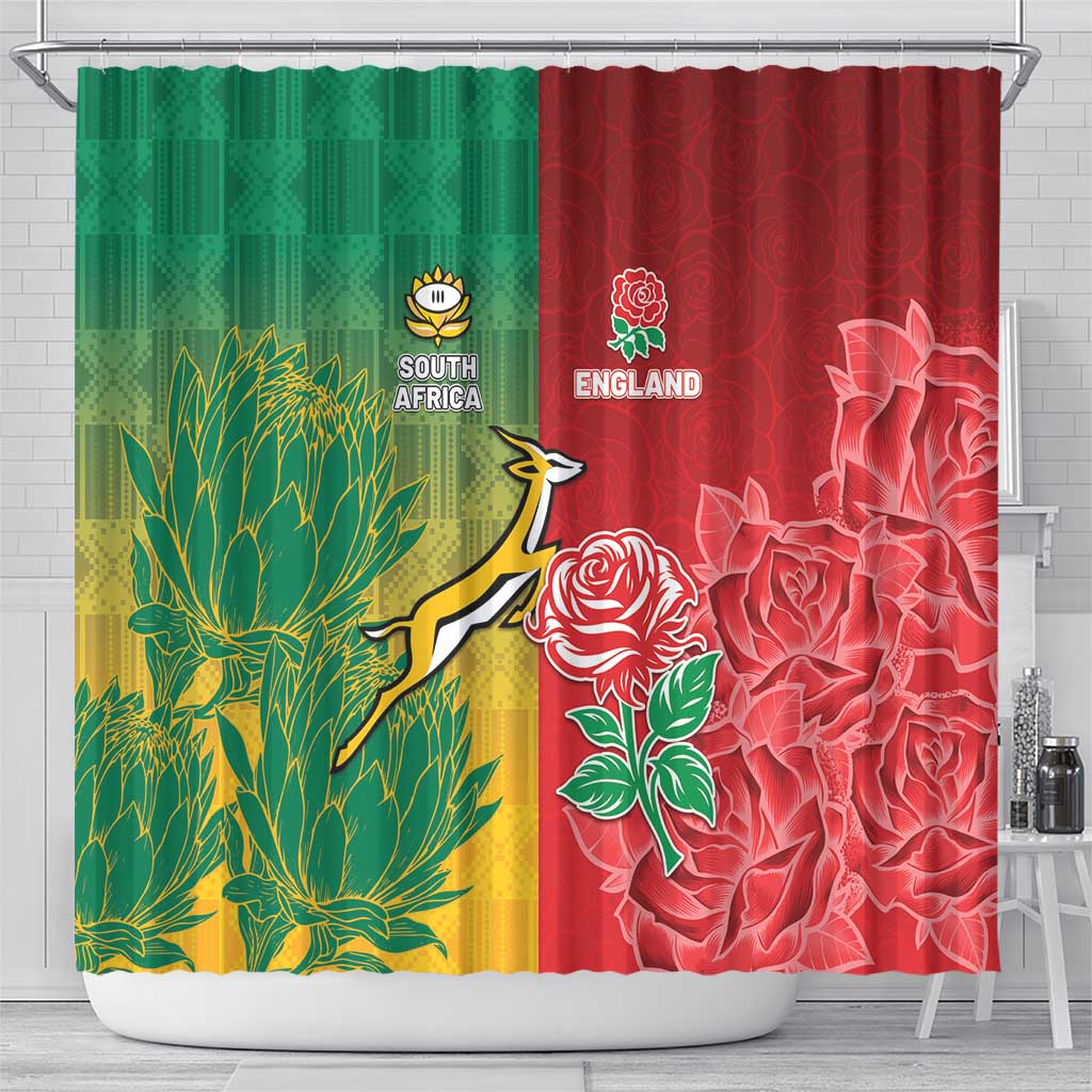 South Africa And England Rugby Shower Curtain Springboks And Red Rose Together - African Pride