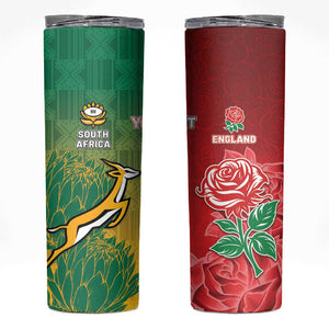 South Africa And England Rugby Custom Skinny Tumbler Springboks And Red Rose Together - African Pride