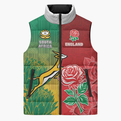 South Africa And England Rugby Custom Sleeveless Puffer Jacket Springboks And Red Rose Together - African Pride