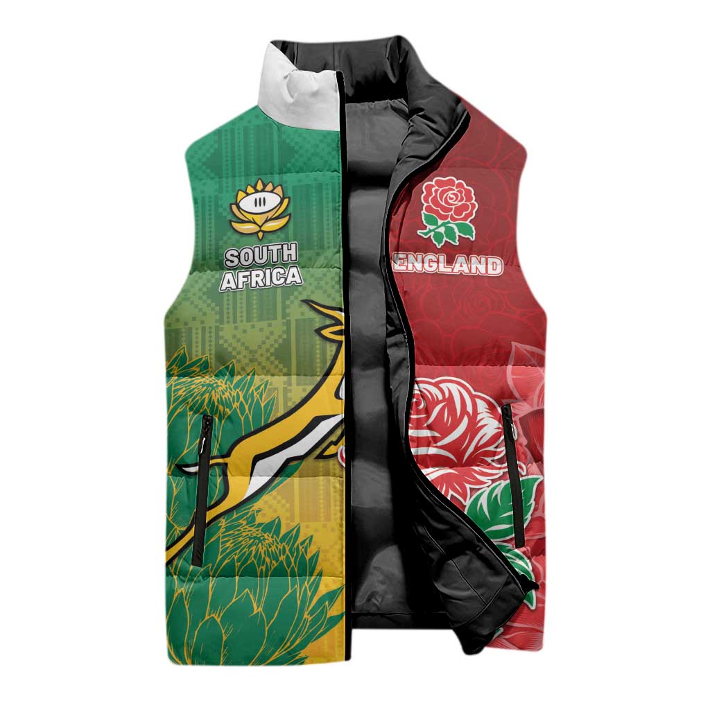 South Africa And England Rugby Custom Sleeveless Puffer Jacket Springboks And Red Rose Together - African Pride