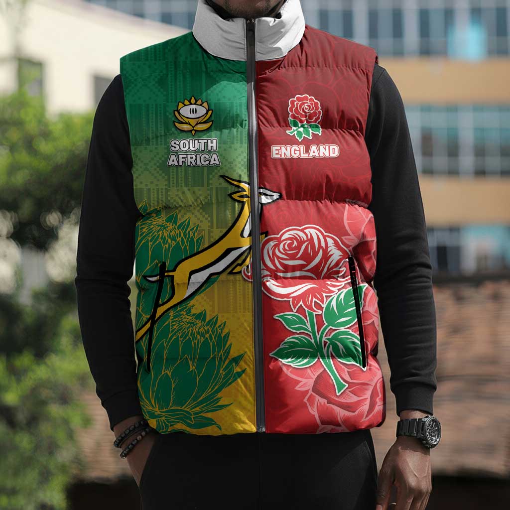 South Africa And England Rugby Custom Sleeveless Puffer Jacket Springboks And Red Rose Together - African Pride