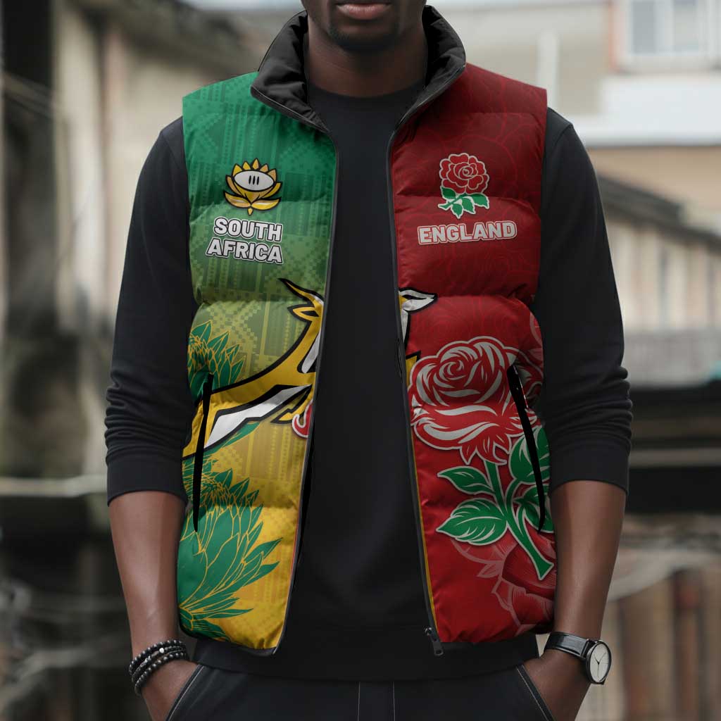 South Africa And England Rugby Custom Sleeveless Puffer Jacket Springboks And Red Rose Together - African Pride