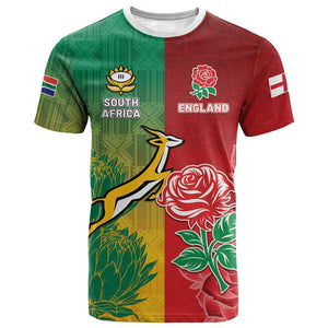 South Africa And England Rugby Custom T shirt Springboks And Red Rose Together - African Pride