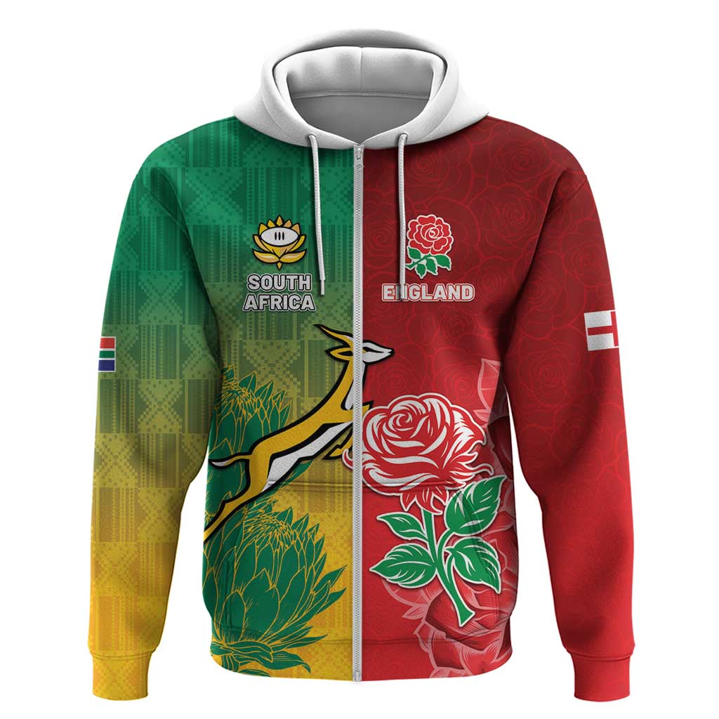 South Africa And England Rugby Custom Zip Hoodie Springboks And Red Rose Together - African Pride