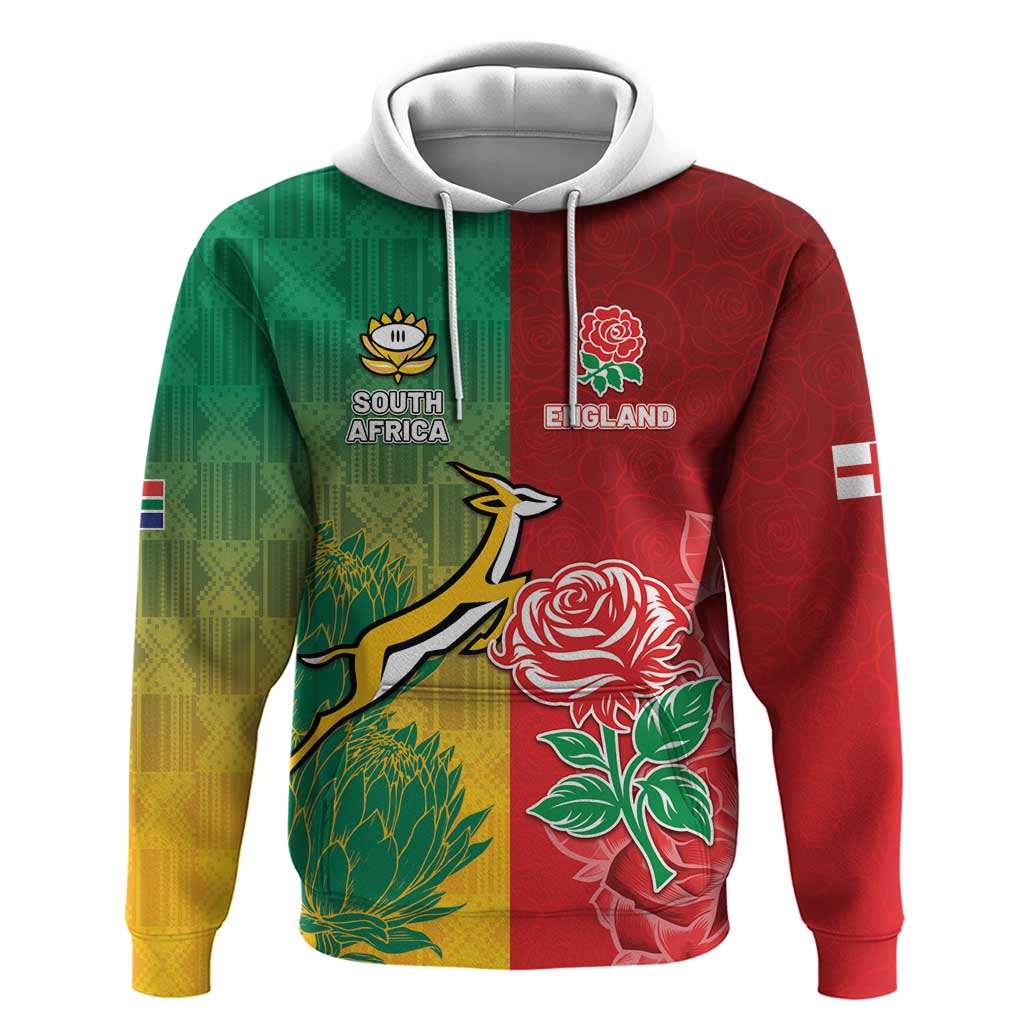 South Africa And England Rugby Custom Zip Hoodie Springboks And Red Rose Together - African Pride