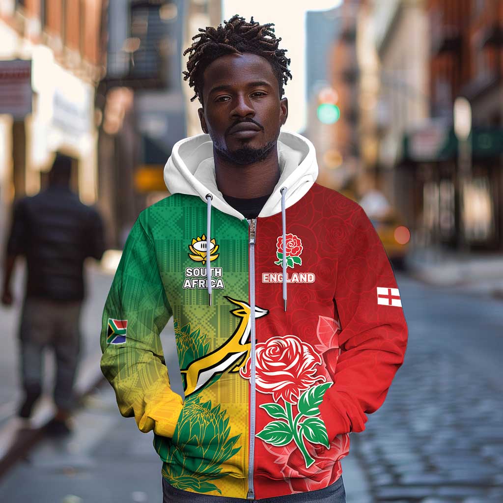South Africa And England Rugby Custom Zip Hoodie Springboks And Red Rose Together - African Pride