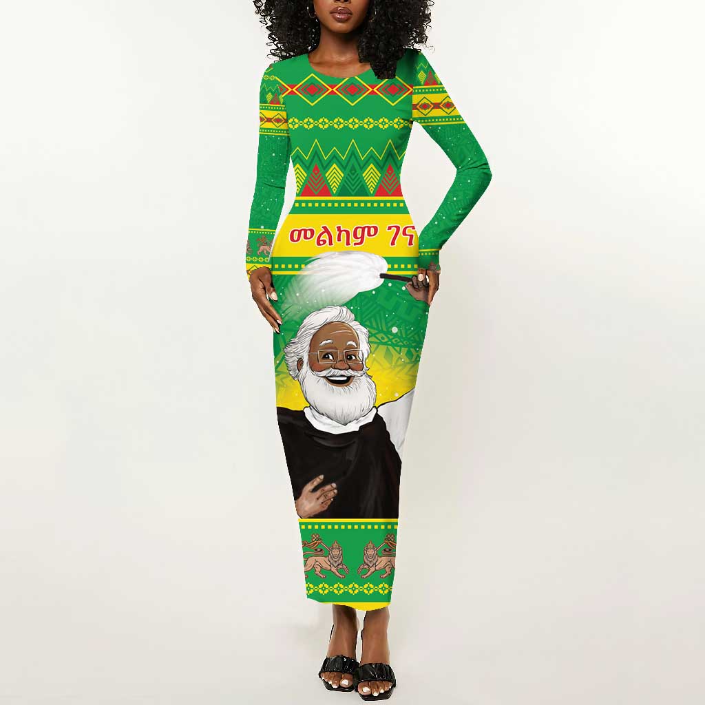 Afro Ethiopia Christmas Long Sleeve Bodycon Dress Melkam Gena Yegena Abat