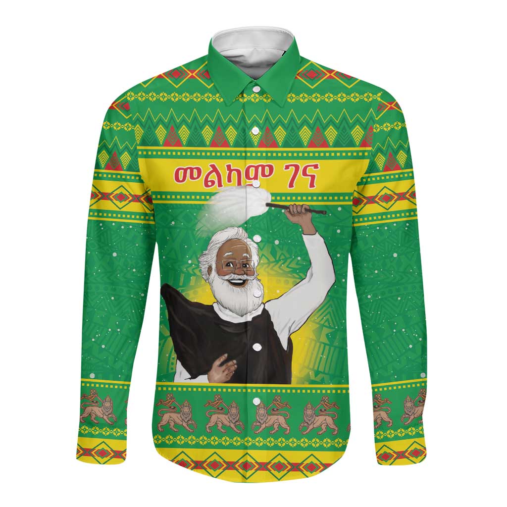 Afro Ethiopia Christmas Long Sleeve Button Shirt Melkam Gena Yegena Abat