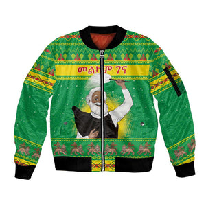 Afro Ethiopia Christmas Sleeve Zip Bomber Jacket Melkam Gena Yegena Abat