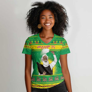 Afro Ethiopia Christmas Women V-Neck T-Shirt Melkam Gena Yegena Abat