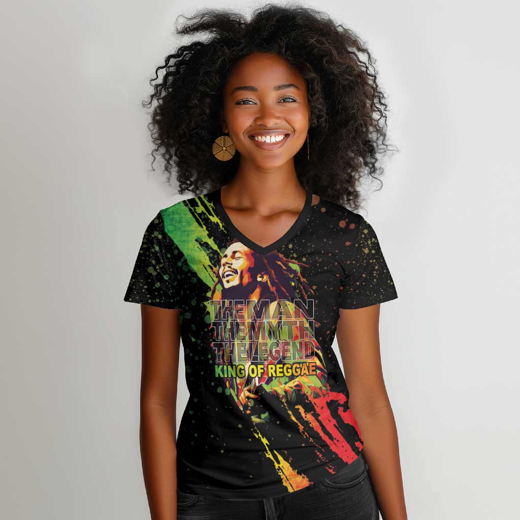 Afro Legend Bob Women V-Neck T-Shirt One Love Heart Destiny