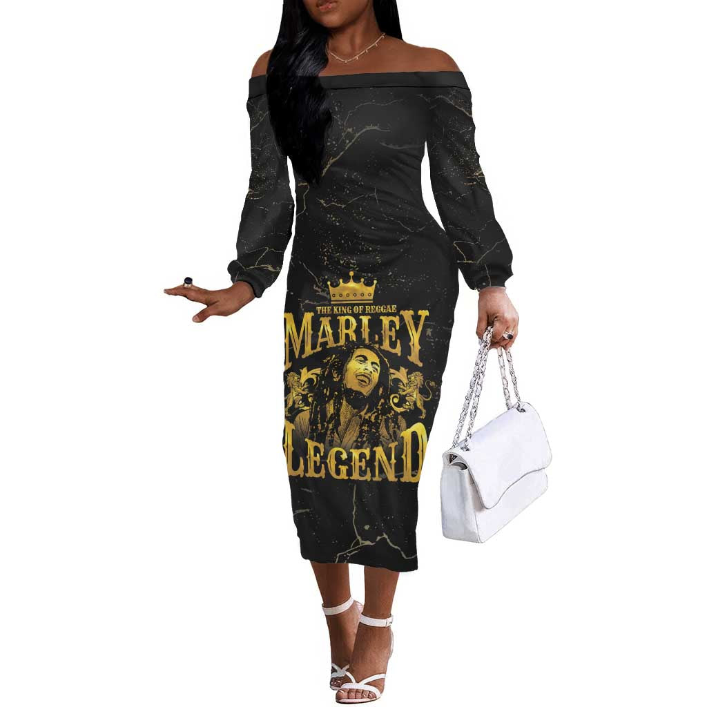 Reggae King Marley Off The Shoulder Long Sleeve Dress Gold Lion