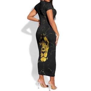 Reggae King Marley Short Sleeve Bodycon Dress Gold Lion