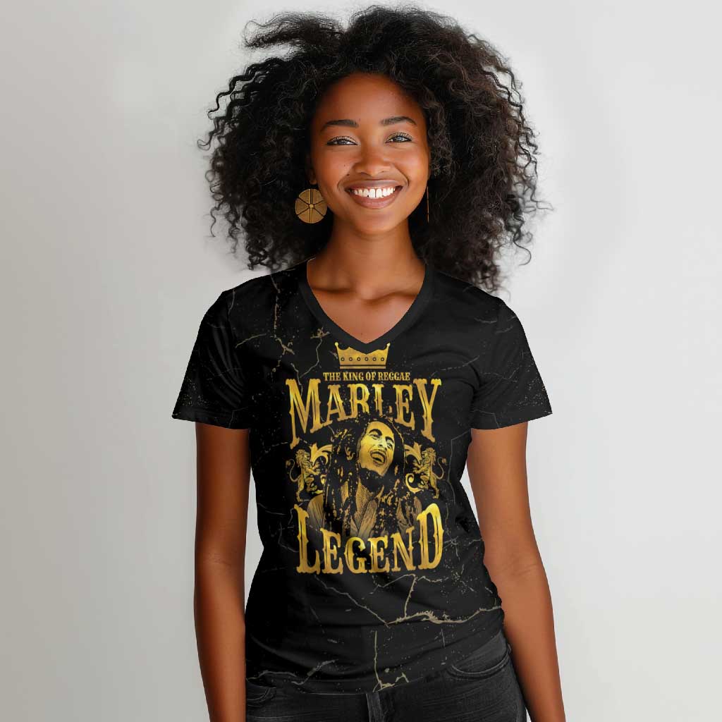 Reggae King Marley Women V-Neck T-Shirt Gold Lion