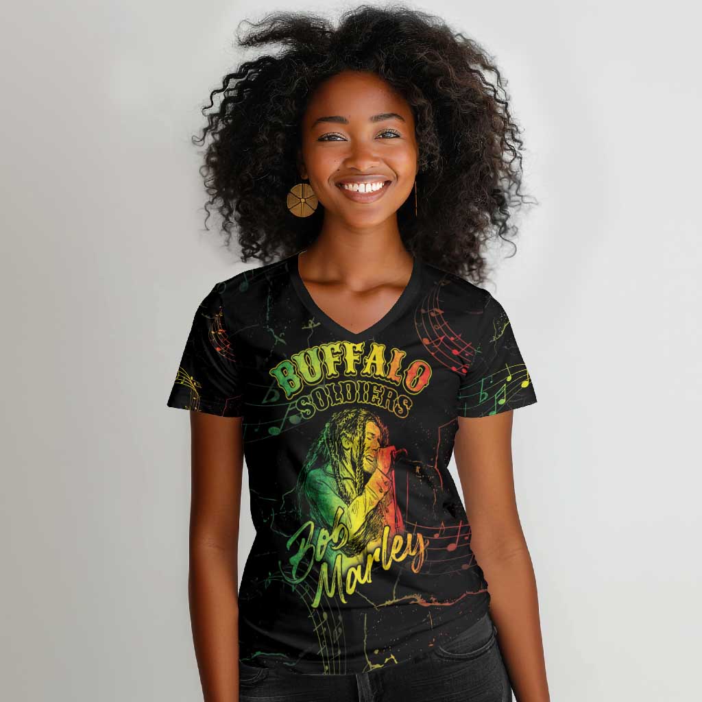 Reggae King Buffalo Soldier Women V-Neck T-Shirt Honoring The Legend