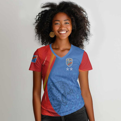 DR Congo Football 2026 Custom Women V-Neck T-Shirt Les Leopards - Glory Upon Glory LT7