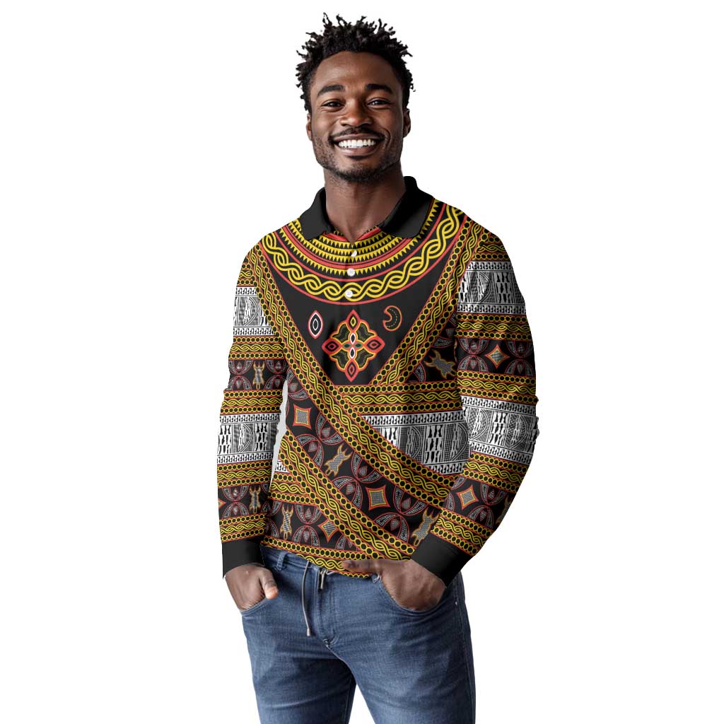Cameroon Bamenda Toghu Inspired Long Sleeve Polo Shirt Classic Motifs