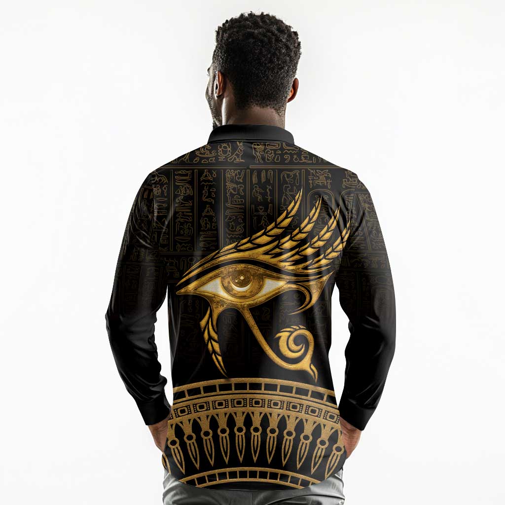 Ancient Egypt Gold Intricate Long Sleeve Polo Shirt Eye of Horus