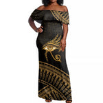 Ancient Egypt Gold Intricate Off Shoulder Maxi Dress Eye of Horus