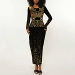 Ancient Egypt Long Sleeve Bodycon Dress Black Gold Scarab LT7