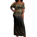 Ancient Egypt Off Shoulder Maxi Dress Black Gold Scarab