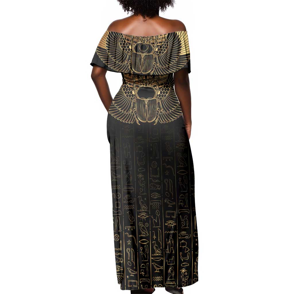 Ancient Egypt Off Shoulder Maxi Dress Black Gold Scarab