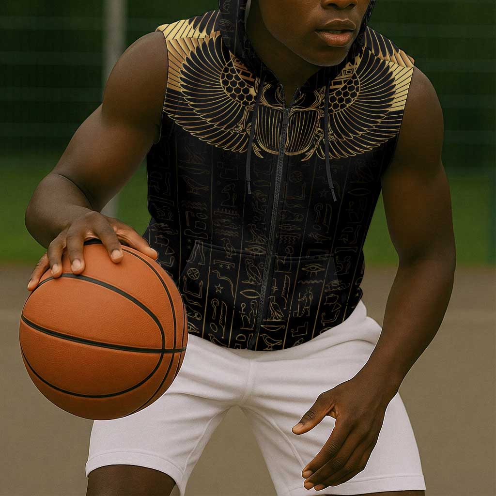 Ancient Egypt Sleeveless Zip Hoodie Black Gold Scarab - African Pride