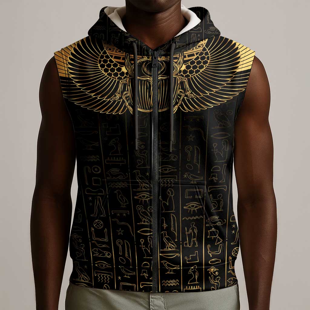 Ancient Egypt Sleeveless Zip Hoodie Black Gold Scarab - African Pride