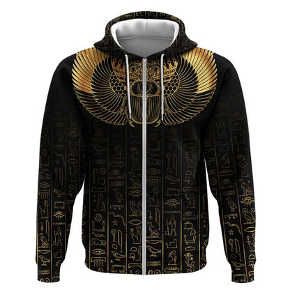 Ancient Egypt Zip Hoodie Black Gold Scarab