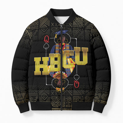HBCU Grad Personalized Queen Poker Card Bomber Puffer Jacket Golden Pattern