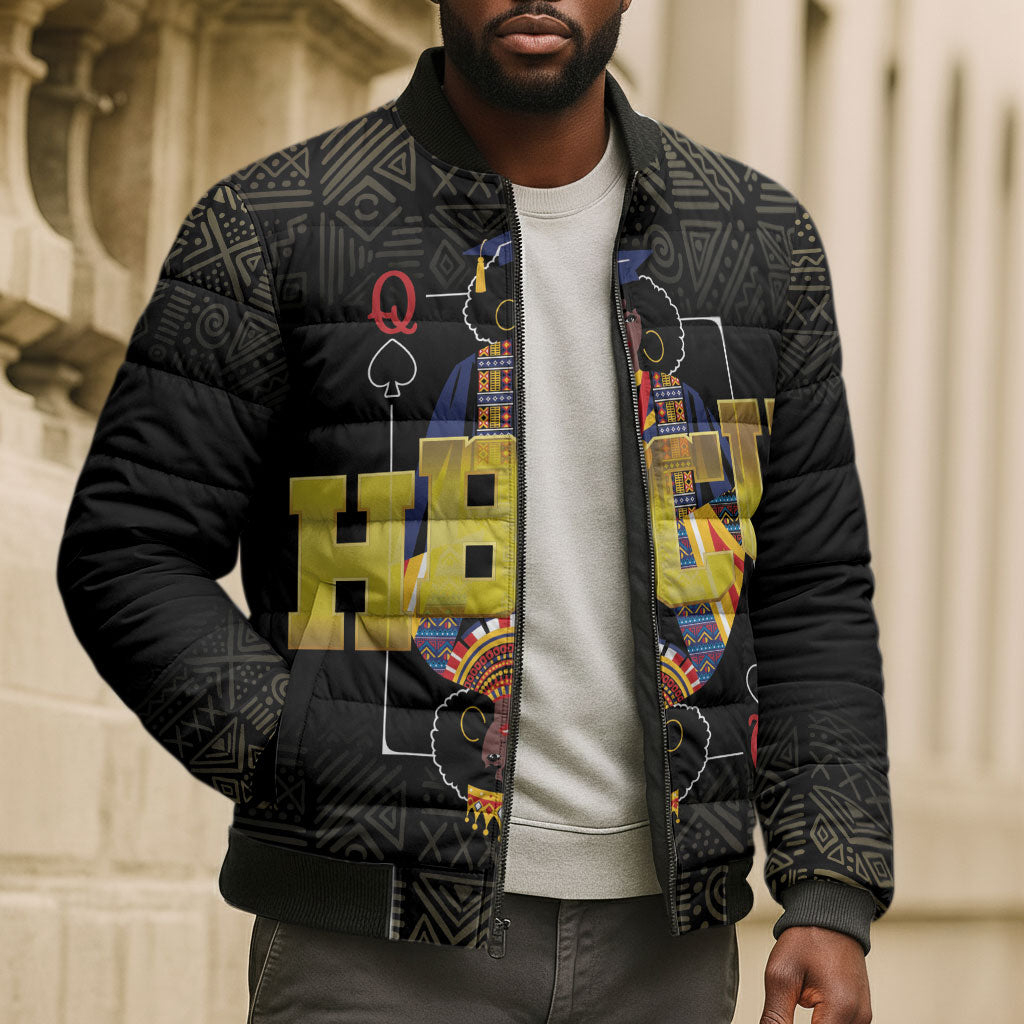 HBCU Grad Personalized Queen Poker Card Bomber Puffer Jacket Golden Pattern