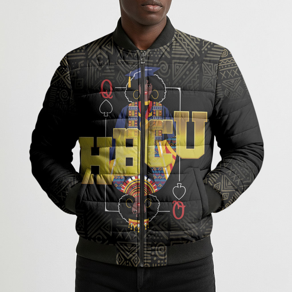 HBCU Grad Personalized Queen Poker Card Bomber Puffer Jacket Golden Pattern