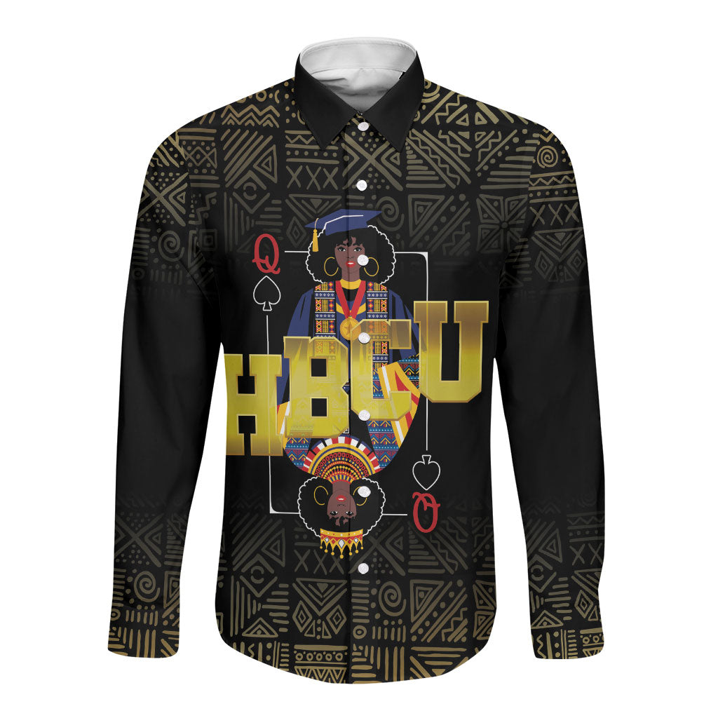 HBCU Grad Personalized Queen Poker Card Long Sleeve Button Shirt Golden Pattern