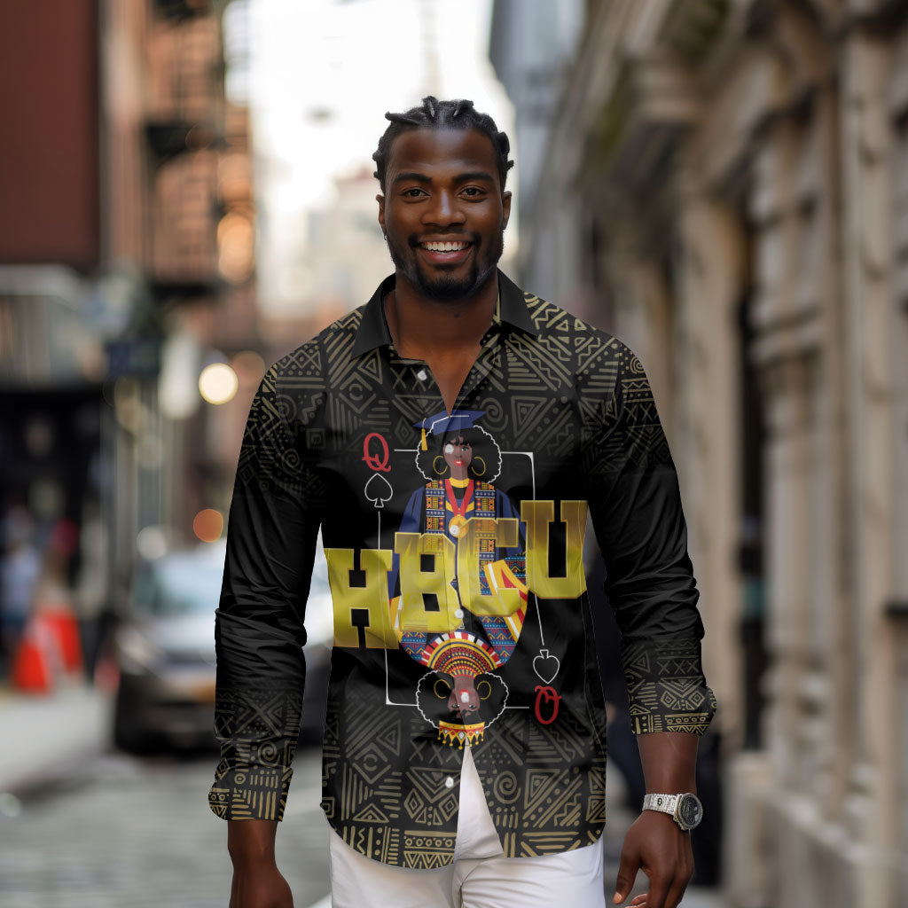 HBCU Grad Personalized Queen Poker Card Long Sleeve Button Shirt Golden Pattern