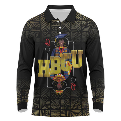 HBCU Grad Personalized Queen Poker Card Long Sleeve Polo Shirt Golden Pattern