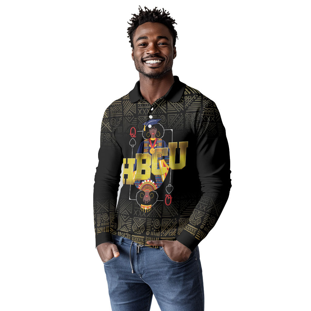 HBCU Grad Personalized Queen Poker Card Long Sleeve Polo Shirt Golden Pattern