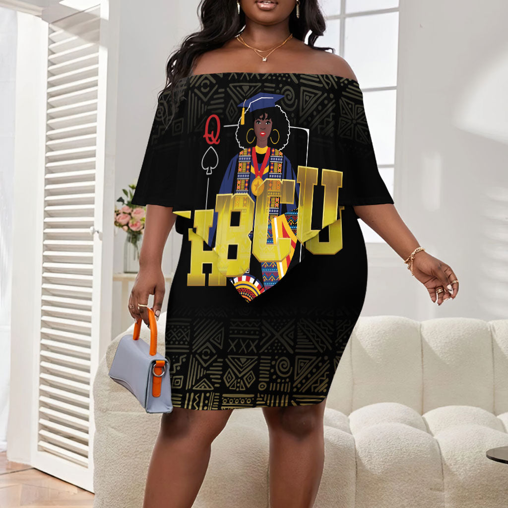 HBCU Grad Personalized Queen Poker Card Off Shoulder Short Dress Golden Pattern
