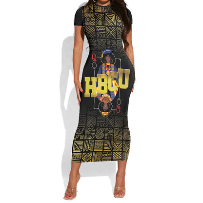 HBCU Grad Personalized Queen Poker Card Short Sleeve Bodycon Dress Golden Pattern
