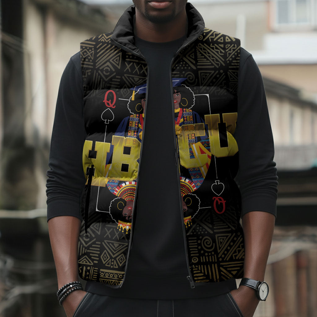 HBCU Grad Personalized Queen Poker Card Sleeveless Puffer Jacket Golden Pattern