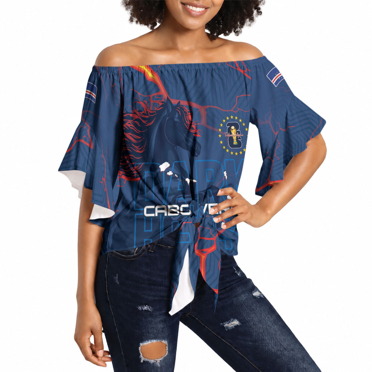 Cape Verde Football WC26 Custom Off Shoulder Wrap Waist Top Dark Horse Rising