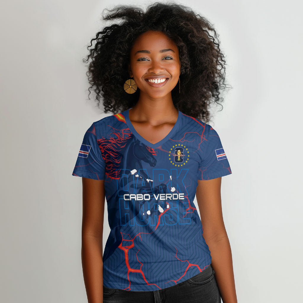 Cape Verde Football WC26 Custom Women V-Neck T-Shirt Dark Horse Rising