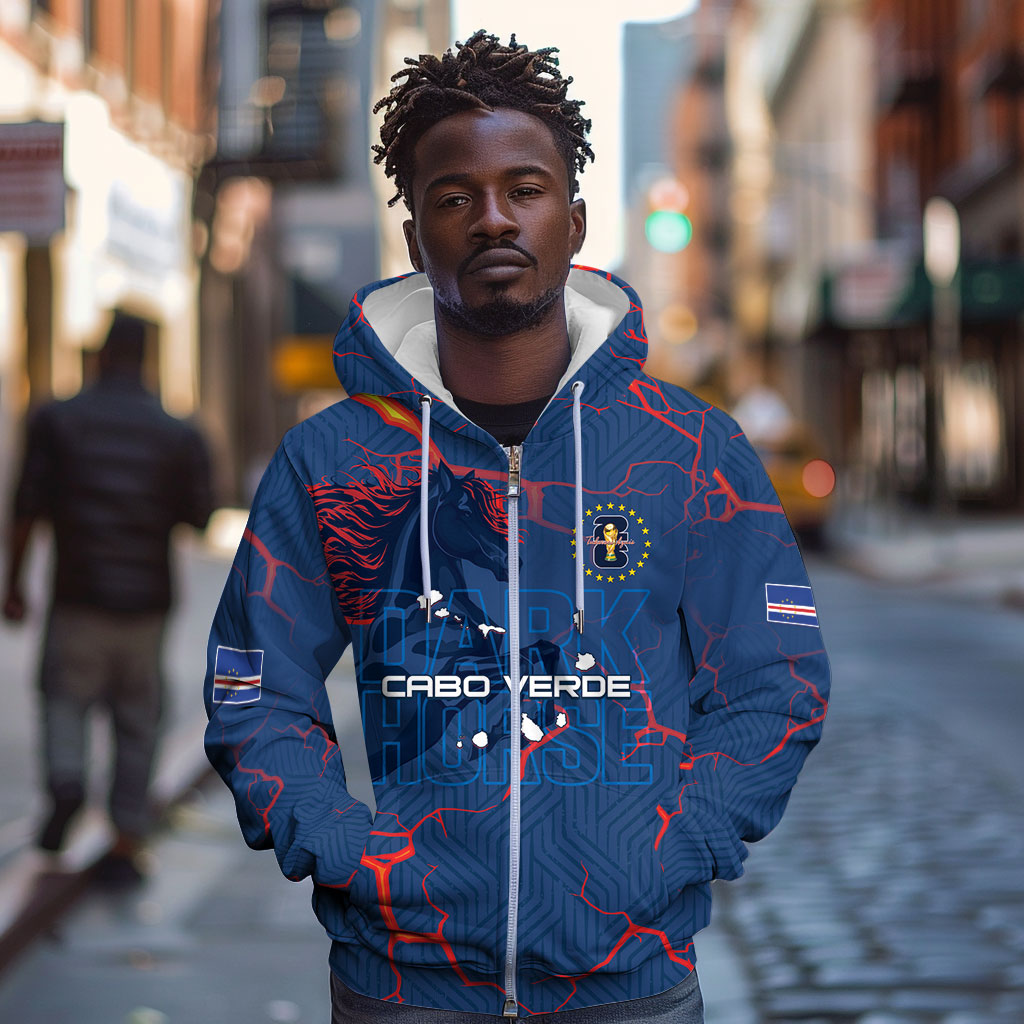Cape Verde Football WC26 Custom Zip Hoodie Dark Horse Rising