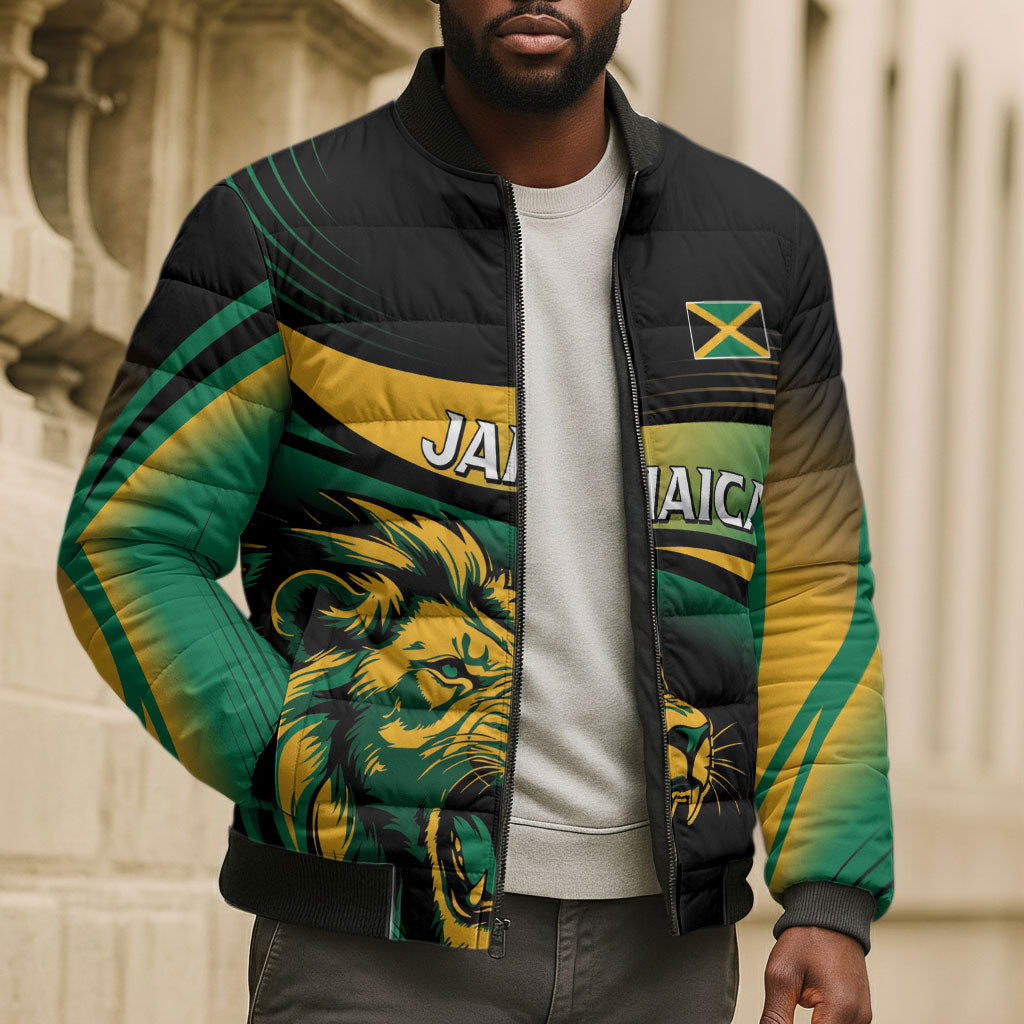 Afro-Jamaica Heritage Custom Bomber Puffer Jacket Roaring Lion