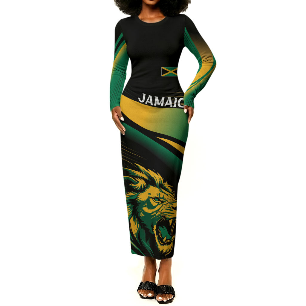 Afro-Jamaica Heritage Custom Long Sleeve Bodycon Dress Roaring Lion