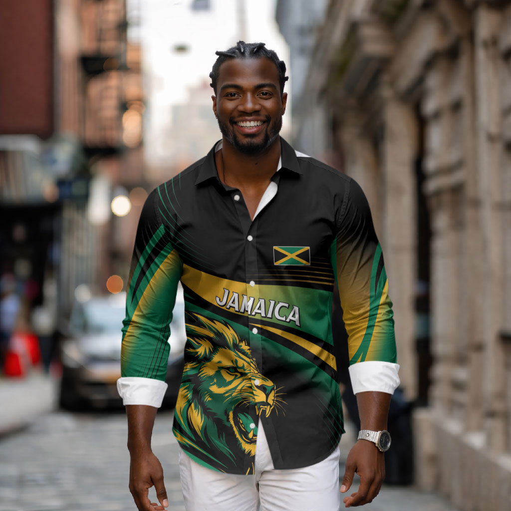 Afro-Jamaica Heritage Custom Long Sleeve Button Shirt Roaring Lion