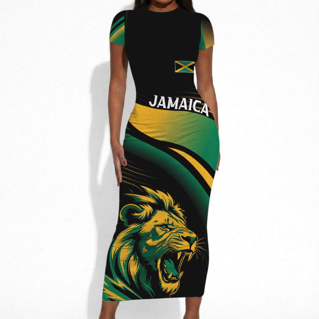 Afro-Jamaica Heritage Custom Short Sleeve Bodycon Dress Roaring Lion
