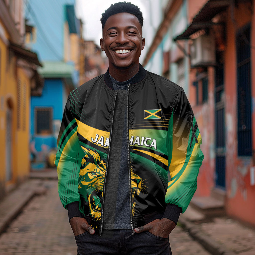 Afro-Jamaica Heritage Custom Sleeve Zip Bomber Jacket Roaring Lion