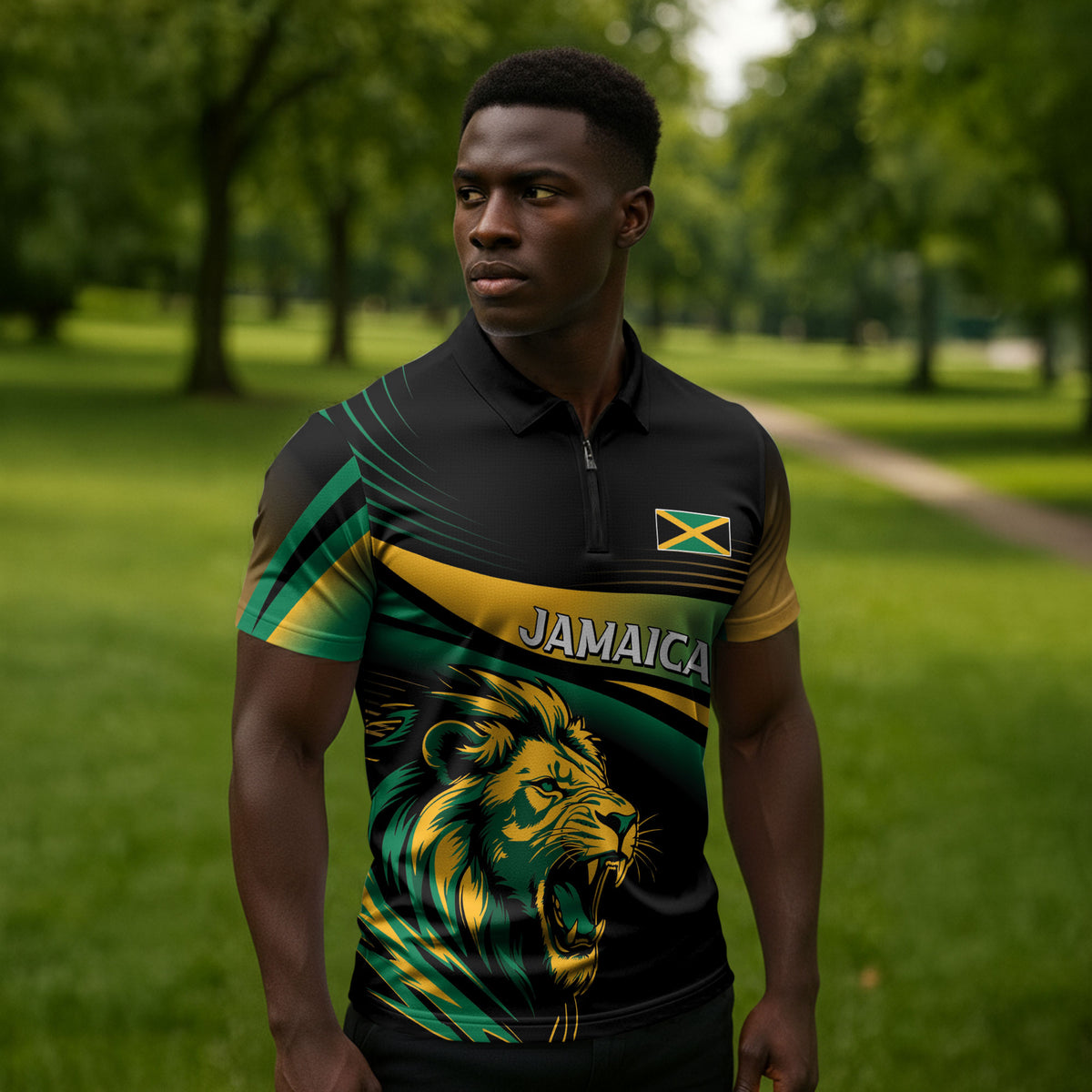 Afro-Jamaica Heritage Custom Zipper Polo Shirt Roaring Lion