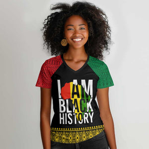 Juneteenth Women V-Neck T-Shirt Mix African Pattern - I Am Black History