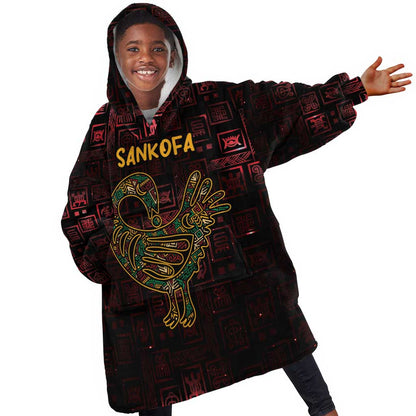 Afro-American Culture Kid Wearable Blanket Hoodie Adinkra Sankofa Bird - Cosmic Red